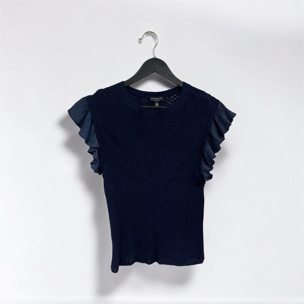 Current Air Navy Ribbed Ruffle Sleeve Knit Top NWT L 2330339